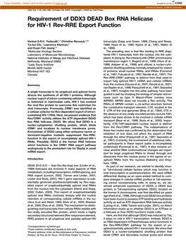 Requirement of DDX3 DEAD Box RNA Helicase for HIV-1 Rev-RRE Export Function