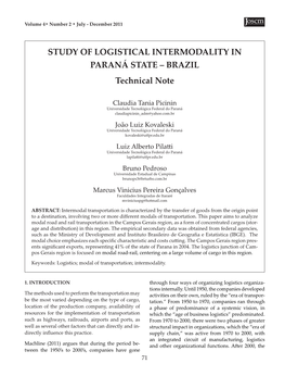 STUDY of LOGISTICAL INTERMODALITY in PARANÁ STATE – BRAZIL Technical Note