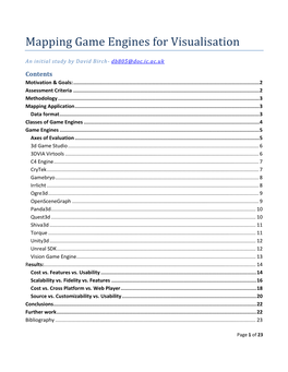 Mapping Game Engines for Visualisation