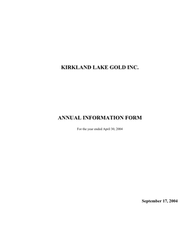 Kirkland Lake Gold Inc. Annual Information Form