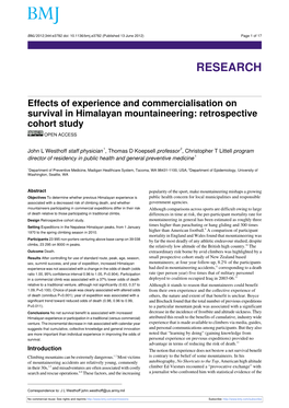 Effects of Experience and Commercialisation on Survival in Himalayan Mountaineering: Retrospective Cohort Study OPEN ACCESS