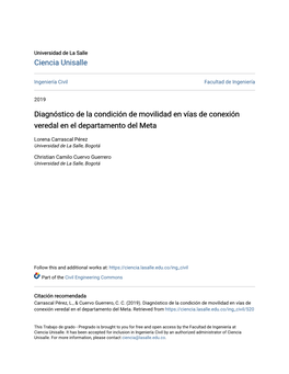 Diagnóstico De La Condición De Movilidad En Vías De Conexión Veredal En El Departamento Del Meta