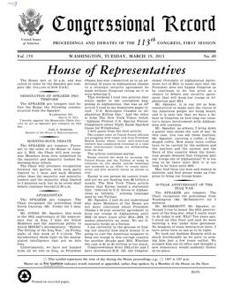 Congressional Record United States Th of America PROCEEDINGS and DEBATES of the 113 CONGRESS, FIRST SESSION