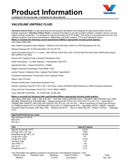 Product Information a PRODUCT of VALVOLINE, a DIVISION of ASHLAND INC