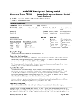 LANDFIRE Biophysical Setting Model Biophysical Setting 7816482 Alaskan Pacific Maritime Mountain Hemlock Forest - Southeast This BPS Is Lumped With: Bps 1038 N.P