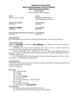 BOARD of EDUCATION WEST ESSEX REGIONAL SCHOOL DISTRICT REGULAR MONTHLY MEETING June 12, 2017 Board Secretary’S Memorandum