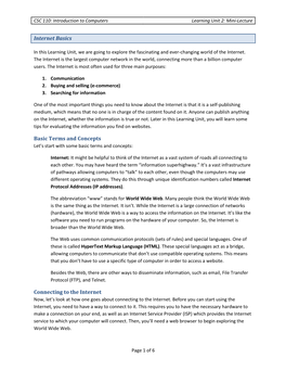 Internet Basics Basic Terms and Concepts Connecting to the Internet