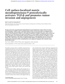 Cell Surface-Localized Matrix Metalloproteinase-9 Proteolytically Activates TGF-␤ and Promotes Tumor Invasion and Angiogenesis