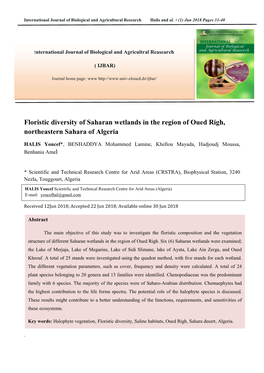 Floristic Diversity of Saharan Wetlands in the Region of Oued Righ, Northeastern Sahara of Algeria