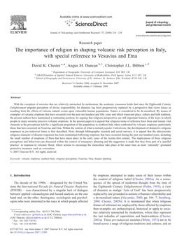 The Importance of Religion in Shaping Volcanic Risk Perception in Italy, with Special Reference to Vesuvius and Etna ⁎ David K