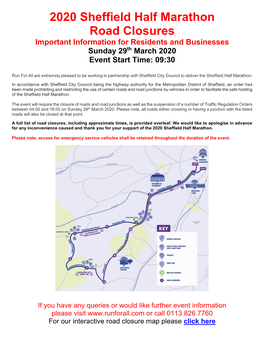 2020 Sheffield Half Marathon Road Closures Important Information for Residents and Businesses Sunday 29Th March 2020 Event Start Time: 09:30
