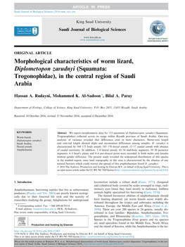 Morphological Characteristics of Worm Lizard, Diplometopon Zarudnyi (Squamata: Trogonophidae), in the Central Region of Saudi Arabia