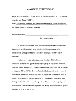 AN ABSTRACT of the THESIS of Yerko Moreno-Simunovic for the Degree of Master of Science in Horticulture Presented on January 9