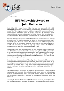 BFI Fellowship Award to John Boorman