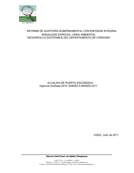 Informe De Auditoría Gubernamental Con Enfoque Integral Modalidad Especial, Línea Ambiental “Desarrollo Sostenible Del Departamento De Córdoba”