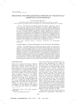 Behavior and Phylogenetic Position of Premnoplex Barbtails (Furnariidae)