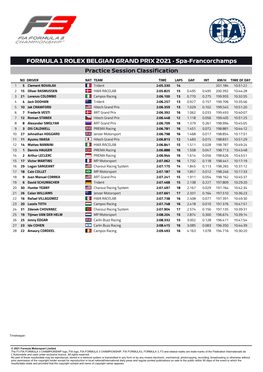 FORMULA 1 ROLEX BELGIAN GRAND PRIX 2021 - Spa-Francorchamps Practice Session Classification