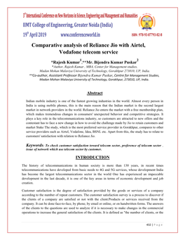 Comparative Analysis of Reliance Jio with Airtel, Vodafone Telecom Service