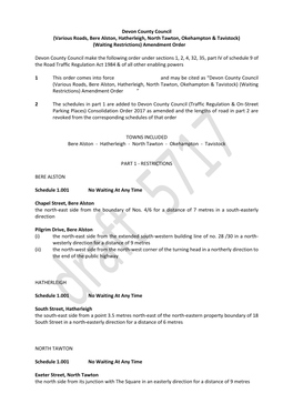 Devon County Council (Various Roads, Bere Alston, Hatherleigh, North Tawton, Okehampton & Tavistock) (Waiting Restrictions) Amendment Order