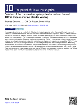 Deletion of the Transient Receptor Potential Cation Channel TRPV4 Impairs Murine Bladder Voiding