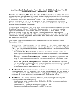 Yum! Brands Details Transformation Plans to Drive Growth of KFC, Pizza Hut and Taco Bell After China Separation at Annual Investor Conference Today