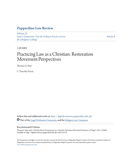 Practicing Law As a Christian: Restoration Movement Perspectives Thomas G