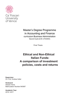 Ethical and Non-Ethical Italian Funds: a Comparison of Investment Policies, Costs and Returns