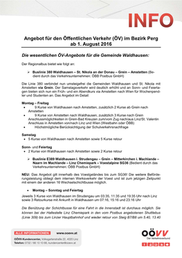 Angebot Für Den Öffentlichen Verkehr (ÖV) Im Bezirk Perg Ab 1. August 2016