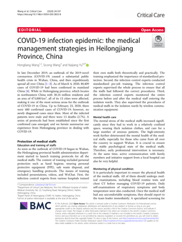 COVID-19 Infection Epidemic: the Medical Management Strategies in Heilongjiang Province, China Hongliang Wang1,2, Sicong Wang3 and Kaijiang Yu4,5*