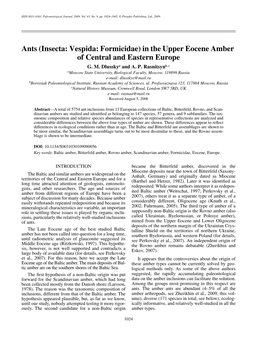 Ants (Insecta: Vespida: Formicidae) in the Upper Eocene Amber of Central and Eastern Europe G