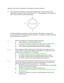 Questions with Answers- Replication, Transcription, & Protein Synthesis A