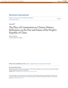 The Place of Communism in Chinese History: Reflections on the Past and Future of the People's Republic of China