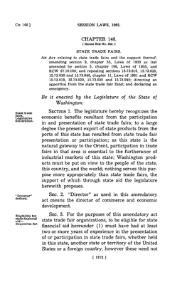 CHAPTER 148. SECTION 1. the Legislature Hereby Recognizes the in and Presentation of State Trade Fairs; to a Large Sec. 3. for T