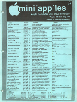 Apple Computer User Group Newsletter Volume XII No 7 July 1989 Calendar of Meetings and Events