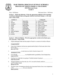 MAR THOMA DIOCESAN SUNDAY SCHOOLS DIOCESE of NORTH AMERICA and EUROPE 2015 Diocesan Exam Grade 5