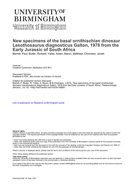 University of Birmingham New Specimens of the Basal Ornithischian Dinosaur Lesothosaurus Diagnosticus Galton, 1978 from the Earl