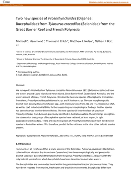 Two New Species of Prosorhynchoides (Digenea: Bucephalidae) from Tylosurus Crocodilus (Belonidae) from the Great Barrier Reef and French Polynesia