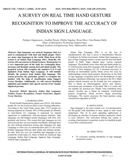 A Survey on Real Time Hand Gesture Recognition to Improve the Accuracy of Indian Sign Language