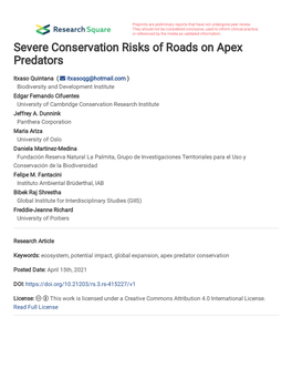 Severe Conservation Risks of Roads on Apex Predators