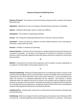 Glossary of Classical Conditioning Terms