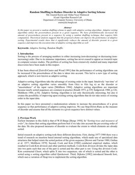 Random Shuffling to Reduce Disorder in Adaptive Sorting Scheme Md