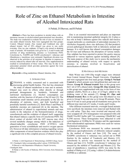 Role of Zinc on Ethanol Metabolism in Intestine of Alcohol Intoxicated Rats