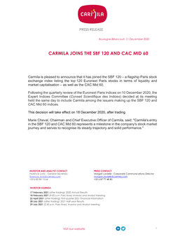 Carmila Joins the Sbf 120 and Cac Mid 60