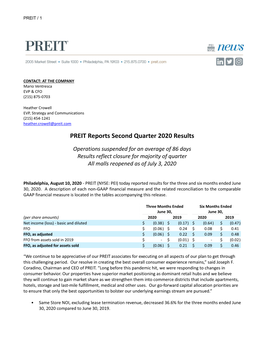 PREIT Reports Second Quarter 2020 Results