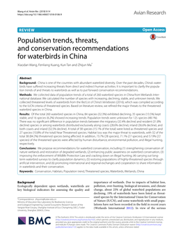 Population Trends, Threats, and Conservation Recommendations for Waterbirds in China Xiaodan Wang, Fenliang Kuang, Kun Tan and Zhijun Ma*