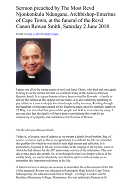 Sermon Preached by the Most Revd Njonkonkulu Ndungane, Archbishop-Emeritus of Cape Town, at the Funeral of the Revd Canon Rowan Smith, Saturday 2 June 2018