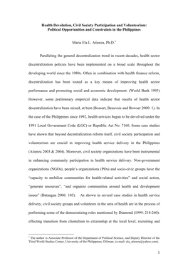 Health Devolution, Civil Society Participation and Volunteerism: Political Opportunities and Constraints in the Philippines