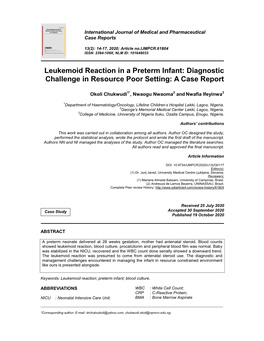 Leukemoid Reaction in a Preterm Infant: Diagnostic Challenge in Resource Poor Setting: a Case Report