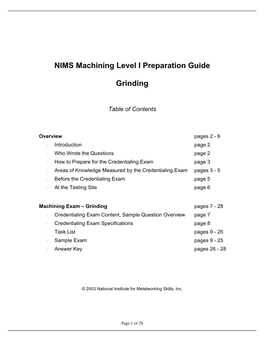 NIMS Machining Level I Preparation Guide Grinding