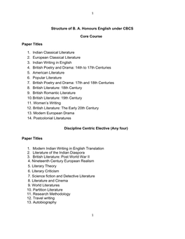 Structure of B. A. Honours English Under CBCS Core Course Paper